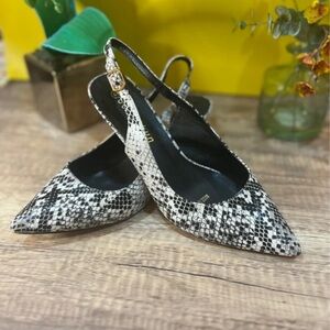 Chic Black and White Snake Print Slingback Heels